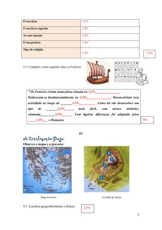 O seu deus                                          1,5%

O seu livro sagrado                                 1,5%

As suas Igrejas                                     1,5%

O seu profeta                                       1,5%

Tipo de religião
                                                    1,5%                                              7,5%



3.3. Completa a frase seguinte sobre os Fenícios:




    ” Os Fenícios viviam numa faixa situada no 1,5%_______________.
    Dedicavam-se fundamentalmente ao 1,5%_______________. Desenvolviam essa
    actividade ao longo do _______1,5%__________. Como tal vão desenvolver um
    tipo     de     _______1,5%_____,         mais         fácil,   com      menos       símbolos,
    chamada_________1,5%______. Com ligeiras diferenças foi adaptada pelos
    _____1,5%___ e Romanos.                                                                          9%



                                              IV
A Civilização Grega:
Observa o mapa e a gravura:




                Mapa da Grécia                                      A Cidade de Atenas


4.1 Localiza geograficamente a Grécia.              2,5%

                                                                                                3
 