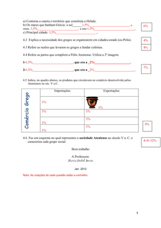 a) Contorna a caneta o território que constituía a Hélade.
b) Os mares que banham Grécia: a sul______1,5%_________________________, a                    6%
oeste, 1,5%_________________________, a este 1,5%_________________________,.
c) Principal cidade: 1,5%_________________________,.

4.2 Explica a necessidade dos gregos se organizarem em cidades-estado (ou Pólis).             4%

4.3 Refere as razões que levaram os gregos a fundar colónias.                                 4%

4.4 Refere as partes que compõem a Pólis Ateniense. Utiliza a 2ª imagem.

1-1,5%_________________________, que era a _2%______________________.
                                                                                              7%
2-1,5%_________________________, que era a _2%_________________________,


4.5 Indica, no quadro abaixo, os produtos que circulavam no comércio desenvolvido pelos
    Atenienses no séc. V a.C.

                         Importações                             Exportações
Comércio Grego




                 1%
                                                            1%
                 1%                               1%

                                                  1%
                 1%                                                                           8%
                                                  1%
                 1%

4.6 Faz um esquema no qual representes a sociedade Ateniense no século V a. C. e
   caracteriza cada grupo social.                                                             4+8=12%

                                       Bom trabalho

                                     A Professora:
                                    Maria Isabel Sousa

                                         Jan. 2012

Nota: As cotações de cada questão estão a vermelho.




                                                                                          4
 