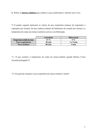 6. Refere os factores abióticos que conheces e que condicionam a vida dos seres vivos.
7. O quadro seguinte representa os valores da taxa respiratória (número de inspirações e
expirações por minuto), da taxa cardíaca (número de batimentos do coração por minuto) e a
temperatura do corpo em ouriços-cacheiros activos e em hibernação.
Actividade Hibernação
Temperaturamédiadocorpo 37 ºC 5 ºC
Taxa respiratória 30 min 1 a 5 min
Taxa cardíaca 80 min 4 min
7.1. O que acontece à temperatura do corpo do ouriço-cacheiro quando hiberna (“sono
invernal prolongado”)?
7.2. Em qual das situações a taxa respiratória do ouriço-cacheiro é maior?
4
 