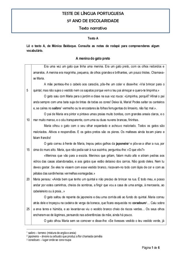 TESTE DE LÍNGUA PORTUGUESA
5º ANO DE ESCOLARIDADE
Texto narrativo
Página 1 de 6
Texto A
Lê o texto A, de Mónica Baldaque. ...