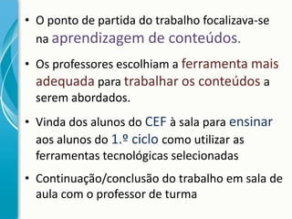 • O ponto de partida do trabalho focalizava-se
na aprendizagem de conteúdos.

• Os professores escolhiam a ferramenta mais
adequada para trabalhar os conteúdos a
serem abordados.
• Vinda dos alunos do CEF à sala para ensinar
aos alunos do 1.º ciclo como utilizar as
ferramentas tecnológicas selecionadas
• Continuação/conclusão do trabalho em sala de
aula com o professor de turma

 