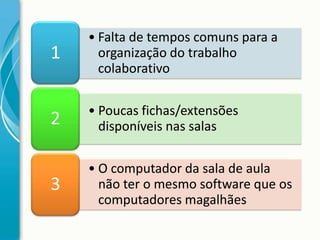 1

• Falta de tempos comuns para a
organização do trabalho
colaborativo

2

• Poucas fichas/extensões
disponíveis nas salas

3

• O computador da sala de aula
não ter o mesmo software que os
computadores magalhães

 