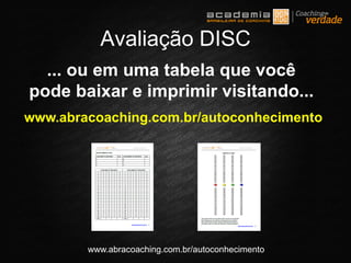 www.abracoaching.com.br/autoconhecimento
... ou em uma tabela que você
pode baixar e imprimir visitando...
Avaliação DISC
www.abracoaching.com.br/autoconhecimento
 