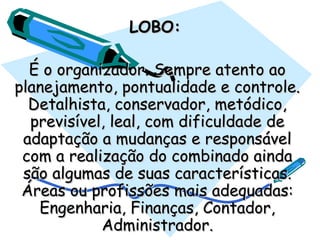 LOBO:LOBO:  
É o organizador. Sempre atento aoÉ o organizador. Sempre atento ao
planejamento, pontualidade e controle.planejamento, pontualidade e controle.
Detalhista, conservador, metódico,Detalhista, conservador, metódico,
previsível, leal, com dificuldade deprevisível, leal, com dificuldade de
adaptação a mudanças e responsáveladaptação a mudanças e responsável
com a realização do combinado aindacom a realização do combinado ainda
são algumas de suas características.são algumas de suas características.
Áreas ou profissões mais adequadas:Áreas ou profissões mais adequadas:
Engenharia, Finanças, Contador,Engenharia, Finanças, Contador,
Administrador.Administrador.
 