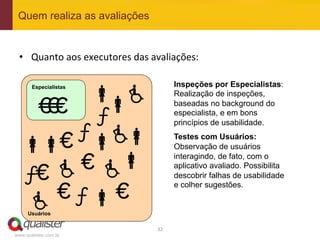Quem realiza as avaliações


 •  Quanto	
  aos	
  executores	
  das	
  avaliações:	
  

                                                    Inspeções por Especialistas:
              
       Especialistas
                                                    Realização de inspeções,

    €# €# ƒ#
      €#                                            baseadas no background do
                                                    especialista, e em bons
                                                    princípios de usabilidade.

       €# ƒ#                                     Testes com Usuários:
                                                  Observação de usuários

          €#                                      interagindo, de fato, com o

    €# 
                                                    aplicativo avaliado. Possibilita
   ƒ#                                               descobrir falhas de usabilidade
                                                    e colher sugestões.

      €# ƒ#  €#
     Usuários

                                           32	
  
www.qualister.com.br
 