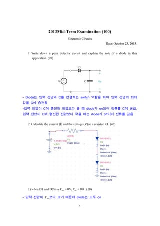 2013Mid-Term Examination (100)
Electronic Circuits
Date: October 23, 2013.
1. Write down a peak detector circuit and explain the role of a diode in this
application. (20)

- Diode는 입력 전압과 C를 연결하는 switch 역할을 하여 입력 전압의 최대
값을 C에 충전함
-입력 전압이 C에 충전된 전압보다 클 때 diode가 on되어 전류를 C에 공급,
입력 전압이 C에 충전된 전압보다 작을 때는 diode가 off되어 전류를 끊음
2. Calculate the current (I) and the voltage (V)on a resistor R1. (40)

1) when D1 and D2have Von

0V, Ron

0

(10)

- 입력 전압이 Von 보다 크기 때문에 diode는 모두 on
1

 