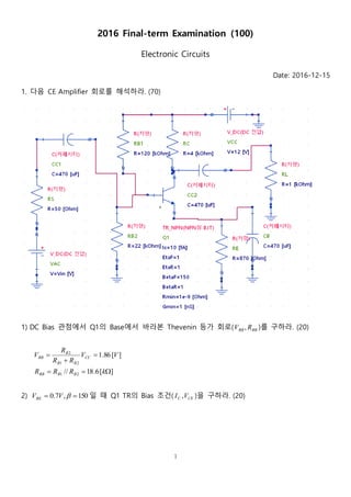 1
2016 Final-term Examination (100)
Electronic Circuits
Date: 2016-12-15
1. 다음 CE Amplifier 회로를 해석하라. (70)
1) DC Bias 관점에서 Q1의 Base에서 바라본 Thevenin 등가 회로( BBBB RV , )를 구하라. (20)
][86.1
21
2
VV
RR
R
V CC
BB
B
BB 


][6.18// 21  kRRR BBBB
2) 150,7.0  VVBE 일 때 Q1 TR의 Bias 조건( CEC VI , )을 구하라. (20)
 