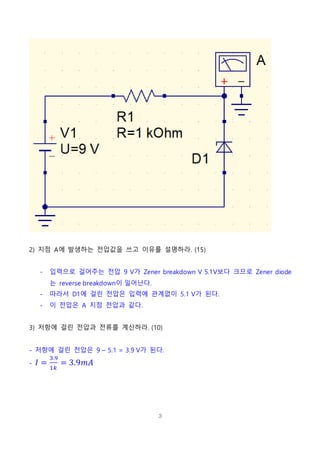 3
2) 지점 A에 발생하는 전압값을 쓰고 이유를 설명하라. (15)
- 입력으로 걸어주는 전압 9 V가 Zener breakdown V 5.1V보다 크므로 Zener diode
는 reverse breakdown이 일어난다.
- 따라서 D1에 걸린 전압은 입력에 관계없이 5.1 V가 된다.
- 이 전압은 A 지점 전압과 같다.
3) 저항에 걸린 전압과 전류를 계산하라. (10)
- 저항에 걸린 전압은 9 – 5.1 = 3.9 V가 된다.
- 𝐼 =
3.9
1𝑘
= 3.9𝑚𝐴
 