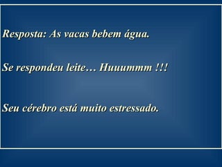 Resposta: As vacas bebem água.  Se respondeu leite… Huuummm !!! Seu cérebro está muito estressado.   