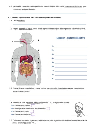6.3. Nem todos os dentes desempenham a mesma função. Indique os quatro tipos de dentes que
constituem a nossa dentição.
___________________________________________________________________________
7. O sistema digestivo tem uma função vital para o ser humano.
7.1. Defina digestão.
___________________________________________________________________________
7.2. Faça a legenda da figura, onde estão representados alguns dos órgãos do sistema digestivo.
7.3. Dos órgãos representados, indique os que são glândulas digestivas anexas e os respetivos
sucos que produzem.
___________________________________________________________________________
___________________________________________________________________________
7.4. Identifique, com o número da figura (questão 7.2.), o órgão onde ocorre:
A – Formação do quimo.
B – Mastigação e insalivação dos alimentos.
C – Formação do quilo.
D – Formação das fezes.
7.5. Ordene as etapas da digestão que ocorrem no tubo digestivo utilizando as letras (de A a D) da
alínea anterior (questão 7.4.).
_____________________________________________________________________
LEGENDA – SISTEMA DIGESTIVO
1 – _________________________________
2 – _________________________________
3 – _________________________________
4 – _________________________________
5 – _________________________________
6 – _________________________________
7 – _________________________________
8 – _________________________________
9 – _________________________________
1
2
3
4
5
6
7
8
9
 