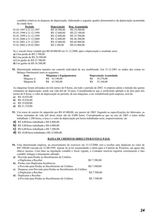 contábeis relativos às despesas de depreciação, elaborando o seguinte quadro demonstrativo da depreciação acumulada
   do citado bem:
           Período                 Depreciação Dep. Acumulada
01.03.1997 à 31.12.1997            R$ 10.500,00      R$ 10.500,00
01.01.1998 à 31.12.1998            R$ 12.600,00      R$ 23.100,00
01.01.1999 à 31.12.1999            R$ 12.600,00      R$ 35.700,00
01.01.2000 à 31.12.2000            R$ 12.600,00      R$ 48.300,00
01.01.2001 à 31.12.2001            R$ 12.600,00      R$ 60.900,00
01.01.2002 à 28.02.2002            R$ 2.100,00       R$ 63.000,00

Se o veículo fosse vendido por R$ 60.000,00 em 31.12.2000, após a depreciação o resultado seria:
a) Uma perda de R$ 2.700,00
b) Uma perda de R$ 10.500,00
c) Um ganho de R$ 23.700,00
d) Um ganho de R$ 36.300,00

92. Determinada indústria mantém um controle individual de seu imobilizado. Em 31.12.2001 os saldos das contas no
    Balanço Patrimonial eram os seguintes:
         Itens               Máquinas e Equipamentos              Depreciação Acumulada
         Máquina A           R$ 43.190,00                         R$     34.370,00
         Máquina B           R$ 63.360,00                         R$     53.160,00

As máquinas foram utilizadas em três turnos de 8 horas, em todo o período de 2002. A empresa adota o método das quotas
constantes de depreciação, sendo sua vida útil de 10 anos. Considerando-se que o coeficiente adotado é de dois para três
turnos de 8 horas, o valor da depreciação no período, de tais máquinas, a ser contabilizado pela empresa, será de:
a) R$ 10.655,00
b) R$ 18.838,00
c) R$ 19.020,00
d) R$ 21.310,00

93. Um trator de esteira foi adquirido por R$ 45.000,00, em janeiro de 2003. Segundo as especificações do fabricante, as
    horas estimadas de vida útil desse trator são de 9.000 horas. Considerando-se que no ano de 2003 o trator tenha
    trabalhado 1.200 horas, a taxa e o valor da depreciação por horas trabalhadas seria, respectivamente, de:
 a) R$ 4,00/hora trabalhada e R$ 4.800,00.
 b) R$ 5,00/hora trabalhada e R$ 6.000,00.
 c) R$ 6,00/hora trabalhada e R$ 7.200,00.
 d) R$ 10,00/hora trabalhada e R$ 12.000,00.
                                BAIXA DE CRÉDITOS IRRECUPERÁVEIS E P.D.D.

94. Uma determinada empresa, no encerramento do exercício em 31/12/2000, tem a receber uma duplicata no valor de
    R$7.500,00 vencida em 31/08/1999. Apesar de já ter encaminhado o título para o Cartório de Protestos, até agora não
    obteve sucesso. Com base na legislação contábil e fiscal vigente, o Contador resolveu registrar corretamente o fato
    contábil. Indique o lançamento adotado:
 a) Provisão para Perdas no Recebimento de Créditos
     a Duplicatas a Receber                                         R$ 7.500,00
 b) Perdas com Duplicatas Incobráveis
     a Provisão para Perdas no Recebimento de Créditos              R$ 7.500,00
 c) Despesas com Provisão para Perdas no Recebimento de Créditos
     a Duplicatas a Receber                                          R$ 7.500,00
 d) Duplicatas a Receber
     a Provisão para Perdas no Recebimento de Créditos               R$ 7.500,00




                                                                                                                    24
 