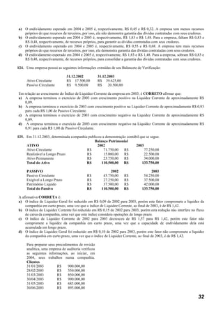 a) O endividamento esperado em 2004 e 2005 é, respectivamente, R$ 0,45 e R$ 0,32. A empresa tem menos recursos
   próprios do que recursos de terceiros, por isso, ela não demonstra garantia das dívidas contratadas com seus credores.
b) O endividamento esperado em 2004 e 2005 é, respectivamente, R$ 1,83 e R$ 1,48. Para a empresa, faltam R$ 0,83 e
   R$ 0,48, respectivamente, de recursos próprios, para garantir as dívidas contratadas com seus credores.
c) O endividamento esperado em 2004 e 2005 é, respectivamente, R$ 0,55 e R$ 0,68. A empresa tem mais recursos
   próprios do que recursos de terceiros, por isso, ela demonstra garantia das dívidas contratadas com seus credores.
d) O endividamento esperado em 2004 e 2005 é, respectivamente, R$ 1,83 e R$ 1,48. Para a empresa, sobram R$ 0,83 e
   R$ 0,48, respectivamente, de recursos próprios, para consolidar a garantia das dívidas contratadas com seus credores.

124. Uma empresa possui as seguintes informações extraídas de seu Balancete de Verificação:

                               31.12.2002            31.12.2003
     Ativo Circulante          R$ 17.500,00          R$ 39.625,00
     Passivo Circulante        R$ 9.500,00           R$    20.500,00

Em relação ao crescimento do Índice de Liquidez Corrente da empresa em 2003, é CORRETO afirmar que:
a) A empresa terminou o exercício de 2003 com crescimento positivo na Liquidez Corrente de aproximadamente R$
   0,09.
b) A empresa terminou o exercício de 2003 com crescimento positivo na Liquidez Corrente de aproximadamente R$ 0,93
   para cada R$ 1,00 de Passivo Circulante.
c) A empresa terminou o exercício de 2003 com crescimento negativo na Liquidez Corrente de aproximadamente R$
   0,09.
d) A empresa terminou o exercício de 2003 com crescimento negativo na Liquidez Corrente de aproximadamente R$
   0,91 para cada R$ 1,00 de Passivo Circulante.

125. Em 31.12.2003, determinada companhia publicou a demonstração contábil que se segue.
                                              Balanço Patrimonial
     ATIVO                                      2002                    2003
     Ativo Circulante                    R$         71.750,00   R$           77.250,00
     Realizável a Longo Prazo            R$         15.000,00   R$           22.500,00
     Ativo Permanente                    R$         23.750,00   R$           34.000,00
     Total do Ativo                      R$       110.500,00 R$             133.750,00

     PASSIVO                                                 2002                     2003
     Passivo Circulante                     R$          45.750,00      R$        54.250,00
     Exigível a Longo Prazo                 R$          27.250,00      R$        37.500,00
     Patrimônio Líquido                     R$          37.500,00      R$        42.000,00
     Total do Passivo                       R$         110.500,00      R$       133.750,00

A afirmativa CORRETA é:
a) O índice de Liquidez Geral foi reduzido em R$ 0,09 de 2002 para 2003, porém este fator compromete a liquidez da
    companhia em curto prazo, uma vez que o índice de Liquidez Corrente, ao final de 2003, é de R$ 1,42.
b) O índice de Liquidez Corrente foi reduzido em R$ 0,15 de 2002 para 2003, porém esta redução não interfere no fluxo
    de caixa da companhia, uma vez que este índice considera operações de longo prazo.
c) O índice de Liquidez Corrente de 2002 para 2003 decresceu de R$ 1,57 para R$ 1,42, porém este fator não
    compromete a liquidez da companhia em curto prazo, uma vez que a capacidade de endividamento dela está
    acumulada em longo prazo.
d) O índice de Liquidez Geral foi reduzido em R$ 0,10 de 2002 para 2003, porém este fator não compromete a liquidez
    da companhia em curto prazo, uma vez que o índice de Liquidez Corrente, ao final de 2003, é de R$ 1,42.

     Para preparar seus procedimentos de revisão
     analítica, uma empresa de auditoria verificou
     as seguintes informações, ao iniciar, em
     2004, seus trabalhos numa companhia.
     Clientes
     31/01/2003          R$     900.000,00
     28/02/2003          R$     550.000,00
     31/03/2003          R$     850.000,00
     30/04/2003          R$     990.000,00
     31/05/2003          R$     685.000,00
     30/06/2003          R$     895.000,00

                                                                                                                     32
 