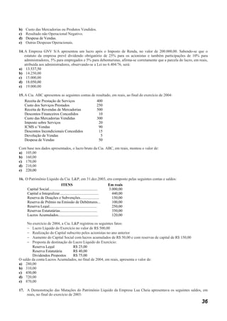 b)   Custo das Mercadorias ou Produtos Vendidos.
c)   Resultado não Operacional Negativo.
d)   Despesa de Vendas.
e)   Outras Despesas Operacionais.

14. A Empresa GNV S/A apresentou um lucro após o Imposto de Renda, no valor de 200.000,00. Sabendo-se que o
    estatuto da empresa prevê dividendo obrigatório de 25% para os acionistas e também participações de 10% para
    administradores, 5% para empregados e 5% para debenturistas, afirma-se corretamente que a parcela do lucro, em reais,
    atribuída aos administradores, observando-se a Lei no 6.404/76, será:
a) 13.537,50
b) 14.250,00
c) 15.000,00
d) 18.050,00
e) 19.000,00

15. A Cia. ABC apresentou as seguintes contas de resultado, em reais, ao final do exercício de 2004:
     Receita de Prestação de Serviços                              400
     Custo dos Serviços Prestados                                  250
     Receita de Revendas de Mercadorias                            500
     Descontos Financeiros Concedidos                               10
     Custo das Mercadorias Vendidas                                300
     Imposto sobre Serviços                                         20
     ICMS s/ Vendas                                                 90
     Descontos Incondicionais Concedidos                            15
     Devolução de Vendas                                             5
     Despesa de Vendas                                              50

Com base nos dados apresentados, o lucro bruto da Cia. ABC, em reais, montou o valor de:
a) 105,00
b) 160,00
c) 170,00
d) 210,00
e) 220,00

16. O Patrimônio Líquido da Cia. L&P, em 31.dez.2003, era composto pelas seguintes contas e saldos:
                                 ITENS                                    Em reais
      Capital Social...................................................   3.000,00
      Capital a Integralizar.........................................       440,00
      Reserva de Doações e Subvenções....................                   150,00
      Reserva de Prêmio na Emissão de Debêntures...                         100,00
      Reserva Legal..................................................       250,00
      Reservas Estatutárias.......................................          350,00
      Lucros Acumulados..........................................           120,00

     No exercício de 2004, a Cia. L&P registrou os seguintes fatos:
     − Lucro Líquido do Exercício no valor de R$ 500,00
     − Realização do Capital subscrito pelos acionistas no ano anterior
     − Aumento do Capital Social com lucros acumulados de R$ 50,00 e com reservas de capital de R$ 150,00
     − Proposta de destinação do Lucro Líquido do Exercício:
        Reserva Legal              R$ 25,00
        Reserva Estatutária        R$ 40,00
        Dividendos Propostos       R$ 75,00
O saldo da conta Lucros Acumulados, no final de 2004, em reais, apresenta o valor de:
a) 280,00
b) 310,00
c) 430,00
d) 720,00
e) 870,00

17. A Demonstração das Mutações do Patrimônio Líquido da Empresa Lua Cheia apresentava os seguintes saldos, em
    reais, no final do exercício de 2003:
                                                                                                                     36
 