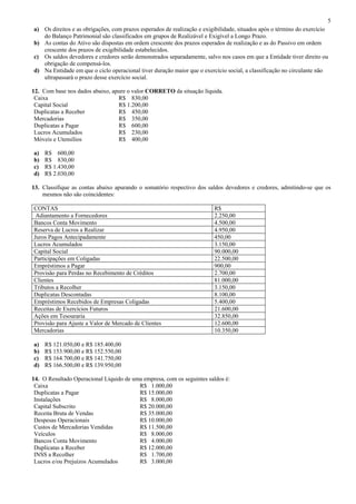 5
a) Os direitos e as obrigações, com prazos esperados de realização e exigibilidade, situados após o término do exercício
   do Balanço Patrimonial são classificados em grupos de Realizável e Exigível a Longo Prazo.
b) As contas do Ativo são dispostas em ordem crescente dos prazos esperados de realização e as do Passivo em ordem
   crescente dos prazos de exigibilidade estabelecidos.
c) Os saldos devedores e credores serão demonstrados separadamente, salvo nos casos em que a Entidade tiver direito ou
   obrigação de compensá-los.
d) Na Entidade em que o ciclo operacional tiver duração maior que o exercício social, a classificação no circulante não
   ultrapassará o prazo desse exercício social.

12. Com base nos dados abaixo, apure o valor CORRETO da situação líquida.
 Caixa                           R$ 830,00
 Capital Social                  R$ 1.200,00
 Duplicatas a Receber            R$ 450,00
 Mercadorias                     R$ 350,00
 Duplicatas a Pagar              R$ 600,00
 Lucros Acumulados               R$ 230,00
 Móveis e Utensílios             R$ 400,00

a)   R$ 600,00
b)   R$ 830,00
c)   R$ 1.430,00
d)   R$ 2.030,00

13. Classifique as contas abaixo apurando o somatório respectivo dos saldos devedores e credores, admitindo-se que os
    mesmos não são coincidentes:

CONTAS                                                                    R$
 Adiantamento a Fornecedores                                              2.250,00
Bancos Conta Movimento                                                    4.500,00
Reserva de Lucros a Realizar                                              4.950,00
Juros Pagos Antecipadamente                                               450,00
Lucros Acumulados                                                         3.150,00
Capital Social                                                            90.000,00
Participações em Coligadas                                                22.500,00
Empréstimos a Pagar                                                       900,00
Provisão para Perdas no Recebimento de Créditos                           2.700,00
Clientes                                                                  81.000,00
Tributos a Recolher                                                       3.150,00
Duplicatas Descontadas                                                    8.100,00
Empréstimos Recebidos de Empresas Coligadas                               5.400,00
Receitas de Exercícios Futuros                                            21.600,00
Ações em Tesouraria                                                       32.850,00
Provisão para Ajuste a Valor de Mercado de Clientes                       12.600,00
Mercadorias                                                               10.350,00

a)   R$ 121.050,00 e R$ 185.400,00
b)   R$ 153.900,00 e R$ 152.550,00
c)   R$ 164.700,00 e R$ 141.750,00
d)   R$ 166.500,00 e R$ 139.950,00

14. O Resultado Operacional Líquido de uma empresa, com os seguintes saldos é:
 Caixa                                   R$ 1.000,00
 Duplicatas a Pagar                      R$ 15.000,00
 Instalações                             R$ 8.000,00
 Capital Subscrito                       R$ 20.000,00
 Receita Bruta de Vendas                 R$ 35.000,00
 Despesas Operacionais                   R$ 10.000,00
 Custos de Mercadorias Vendidas          R$ 11.500,00
 Veículos                                R$ 8.000,00
 Bancos Conta Movimento                  R$ 4.000,00
 Duplicatas a Receber                    R$ 12.000,00
 INSS a Recolher                         R$ 1.700,00
 Lucros e/ou Prejuízos Acumulados        R$ 3.000,00
 