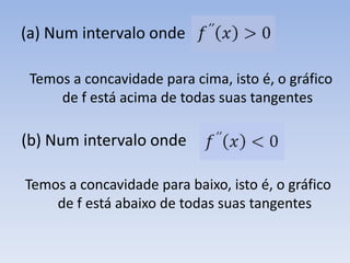 (a) Num intervalo onde Temos a concavidade para cima, isto é, o gráficode f está acima de todas suas tangentes(b) Num intervalo onde Temos a concavidade para baixo, isto é, o gráfico de f está abaixo de todas suas tangentes