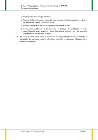Teste de Adequação de Passivos - Circular Susep nº 457/12
Perguntas e Respostas
SUSEP/DITEC/CGSOA/COPRA Página 7
a. Descrição da metodologia utilizada.
b. Resumo da base de dados, contendo, pelo menos, estatísticas descritivas e número
de exposições e morte para cada idade.
c. Gráfico comparativo das taxas propostas com as das BR-EMS.
d. Causas que justifiquem a hipótese de a carteira da entidade/sociedade
supervisionada estar sujeita a taxas biométricas distintas das do mercado
(representado pelas tábuas BR-EMS).
4. Para que a Susep possa testar a consistência da base utilizada, deve ser mantido à
disposição da autarquia arquivo eletrônico contendo os cadastros utilizados para
estimativa das taxas.
 