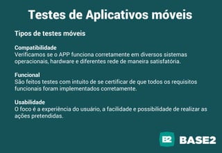 Tipos de testes móveis
Compatibilidade
Verificamos se o APP funciona corretamente em diversos sistemas
operacionais, hardware e diferentes rede de maneira satisfatória.
Funcional
São feitos testes com intuito de se certificar de que todos os requisitos
funcionais foram implementados corretamente.
Usabilidade
O foco é a experiência do usuário, a facilidade e possibilidade de realizar as
ações pretendidas.
Testes de Aplicativos móveis
 