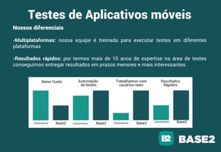 Nossos diferenciais
-Multiplataformas: nossa equipe é treinada para executar testes em diferentes
plataformas
-Resultados rápidos: por termos mais de 10 anos de expertise na área de testes
conseguimos entregar resultados em prazos menores e mais interessantes.
Testes de Aplicativos móveis
 