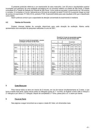 - 6 -
O presente protocolo refere-se a um examinando do sexo masculino, com 26 anos e escolaridade superior
incompleto que participou de uma avaliação psicológica em um processo seletivo na cidade de São Paulo. A tabela
consultada foi a Tabela de Seleção de Pessoal de São Paulo. Como pode-se perceber o examinando fez 106 acertos
e cometeu 12 omissões e 4 erros. Aplicando-se a fórmula de correção do teste P=A-(E+O) é possível chegar ao total
de pontos do examinado: P=106-(12+4), portanto P=90. O percentil obtido para este resultado é 60 que é classificado
como médio.
Assim pode-se concluir que a capacidade de atenção concentrada do examinando é mediana.
4.2 Tabelas de Percentis
Existem diversas tabelas de correção disponíveis para cada situação de avaliação. Abaixo serão
apresentados dois exemplos de pesquisas realizadas no ano de 2001:
5 COMO RESOLVER
Para marcar todos os itens em menos de 5 minutos, em vez de marcar simultaneamente as 3 setas, o que
torna a tarefa mais lenta, basta marcar todos os triângulos iguais ao 1° na linha, ao finalizar a linha volte e marque o
2° triângulo e por último o 3° triângulo. Depois de completada a 1ª linha, passe para a 2ª, e assim por diante.
6 FOLHA DE TESTE
Nas páginas a seguir encontram-se a capa e o teste AC Vetor, em dimensões reais.
 