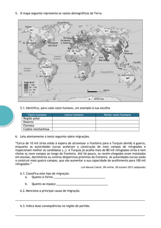 5. O mapa seguinte representa os vazios demográficos da Terra.
5.1. Identifica, para cada vazio humano, um exemplo à sua escolha
Vazio humano Letra/número Nome vazio humano
Região polar
Deserto
Floresta
Cadeia montanhosa
6. Leia atentamente o texto seguinte sobre migrações.
“Cerca de 10 mil sírios estão à espera de atravessar a fronteira para a Turquia devido à guerra,
enquanto as autoridades turcas aceleram a construção de mais campos de refugiados e
inspecionam melhor os candidatos (…). A Turquia já acolhe mais de 80 mil refugiados sírios e tem
cheios os nove campos ao longo da fronteira. Até há pouco, os recém-chegados eram instalados
em escolas, dormitórios ou centros desportivos próximos da fronteira. As autoridades turcas estão
a construir mais quatro campos, qua vão aumentar a sua capacidade de acolhimento para 100 mil
refugiados.”
Luis Manuel Cabral, DN online, 28 outubro 2012 (adaptado)
6.1. Classifica este tipo de migração:
a. Quanto à forma _________________________________
b. Quanto ao espaço _________________________________
6.2. Menciona a principal causa de migração.
___________________________________________________________________________________
6.3. Indica duas consequências na região de partida.
___________________________________________________________________________________
 