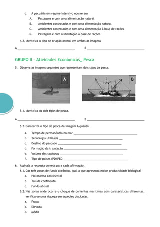 d. A pecuária em regime intensivo ocorre em
A. Pastagens e com uma alimentação natural
B. Ambientes controlados e com uma alimentação natural
C. Ambientes controlados e com uma alimentação à base de rações
D. Pastagens e com alimentação à base de rações
4.2. Identifica o tipo de criação animal em ambas as imagens
A _____________________________________ B _____________________________________
GRUPO II – Atividades Económicas_ Pesca
5. Observa as imagens seguintes que representam dois tipos de pesca.
5.1. Identifica os dois tipos de pesca.
A _____________________________________ B _____________________________________
5.2. Carateriza o tipo de pesca da imagem A quanto.
a. Tempo de permanência no mar _________________________________________
b. Tecnologia utilizada _________________________________________
c. Destino do pescado _________________________________________
d. Formação da tripulação _________________________________________
e. Volume das capturas _________________________________________
f. Tipo de países (PD/PED) _________________________________________
6. Assinala a resposta correta para cada afirmação.
6.1. Das três zonas de fundo oceânico, qual a que apresenta maior produtividade biológica?
a. Plataforma continental
b. Talude continental
c. Fundo abissal
6.2. Nas zonas onde ocorre o choque de correntes marítimas com caraterísticas diferentes,
verifica-se uma riqueza em espécies piscícolas.
a. Fraca
b. Elevada
c. Média
A B
 
