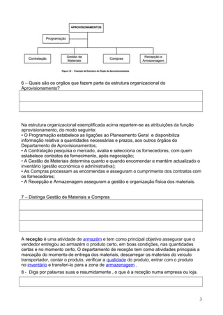 6 – Quais são os orgãos que fazem parte da estrutura organizacional do 
Aprovisionamento? 
Na estrutura organizacional exemplificada acima repartem-se as atribuições da função 
aprovisionamento, do modo seguinte: 
• O Programação estabelece as ligações ao Planeamento Geral e disponibiliza 
informação relativa a quantidades necessárias e prazos, aos outros órgãos do 
Departamento de Aprovisionamentos; 
• A Contratação pesquisa o mercado, avalia e selecciona os fornecedores, com quem 
estabelece contratos de fornecimento, após negociação; 
• A Gestão de Materiais determina quanto e quando encomendar e mantém actualizado o 
inventário (gestão económica e administrativa); 
• As Compras processam as encomendas e asseguram o cumprimento dos contratos com 
os fornecedores; 
• A Recepção e Armazenagem asseguram a gestão e organização física dos materiais. 
7 – Distinga Gestão de Materiais e Compras 
A receção é uma atividade de armazém e tem como principal objetivo assegurar que o 
vendedor entregou ao armazém o produto certo, em boas condições, nas quantidades 
certas e no momento certo. O departamento de receção tem como atividades principais a 
marcação do momento de entrega dos materiais, descarregar os materiais do veículo 
transportador, contar o produto, verificar a qualidade do produto, entrar com o produto 
no inventário e transferi-lo para a zona de armazenagem 
8 - Diga por palavras suas e resumidamente , o que é a receção numa empresa ou loja. 
3 
 