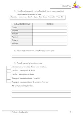 Ciências 7º ano
_________________________

7- Considera a lista seguinte e preenche a tabela com os nomes dos animais
correspondentes a cada característica.
Sardinha Andorinha Girafa Águia Rato Baleia Crocodilo Vaca Rã

CARACTERISTICAS

ANIMAIS

Grandes
Pequenos
Terrestres
Aquáticos
Ovíparos
Vivíparos

8- Porque razão é importante a classificação dos seres vivos?
_________________________________________________________________
_________________________________________________________________
_________________________________________________________________
9- Assinala com um (x) a opção correcta.
Classificar um ser vivo é dar-lhe um nome científico.
Um reino é um conjunto de classes.
Um filo é um conjunto de classes.
A categoria com maior número é a espécie.
A categoria com maior número de seres vivos é o reino.
9.1- Corrige as afirmações falsas.
_________________________________________________________________
_________________________________________________________________
_________________________________________________________________
_________________________________________________________________

Professora Carla Carvalho

3

 