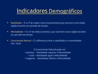 Indicadores Demográficos 
 Natalidade – É o nº de nados-vivos (nascimentos) que ocorrem numa dada 
região durante um período de tempo. 
 Mortalidade – É o nº de óbitos (mortes), que ocorrem numa região durante 
um período de tempo. 
 Crescimento Natural – É a diferença entre a natalidade e a mortalidade. 
CN = N-M 
O crescimento Natural pode ser: 
• positivo - Natalidade superior à Mortalidade 
• nulo – Natalidade igual à Mortalidade 
• negativo - Natalidade inferior à Mortalidade 
 