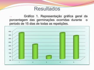 Resultados->        Gráfico 1. Representação gráfica geral da porcentagem das germinações ocorridas durante  o periodo de 15 dias de todas as repetições. 