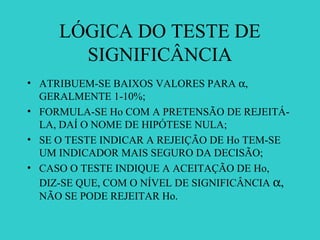 LÓGICA DO TESTE DE
SIGNIFICÂNCIA
• ATRIBUEM-SE BAIXOS VALORES PARA α,
GERALMENTE 1-10%;
• FORMULA-SE Ho COM A PRETENSÃO DE REJEITÁ-
LA, DAÍ O NOME DE HIPÓTESE NULA;
• SE O TESTE INDICAR A REJEIÇÃO DE Ho TEM-SE
UM INDICADOR MAIS SEGURO DA DECISÃO;
• CASO O TESTE INDIQUE A ACEITAÇÃO DE Ho,
DIZ-SE QUE, COM O NÍVEL DE SIGNIFICÂNCIA α,
NÃO SE PODE REJEITAR Ho.
 