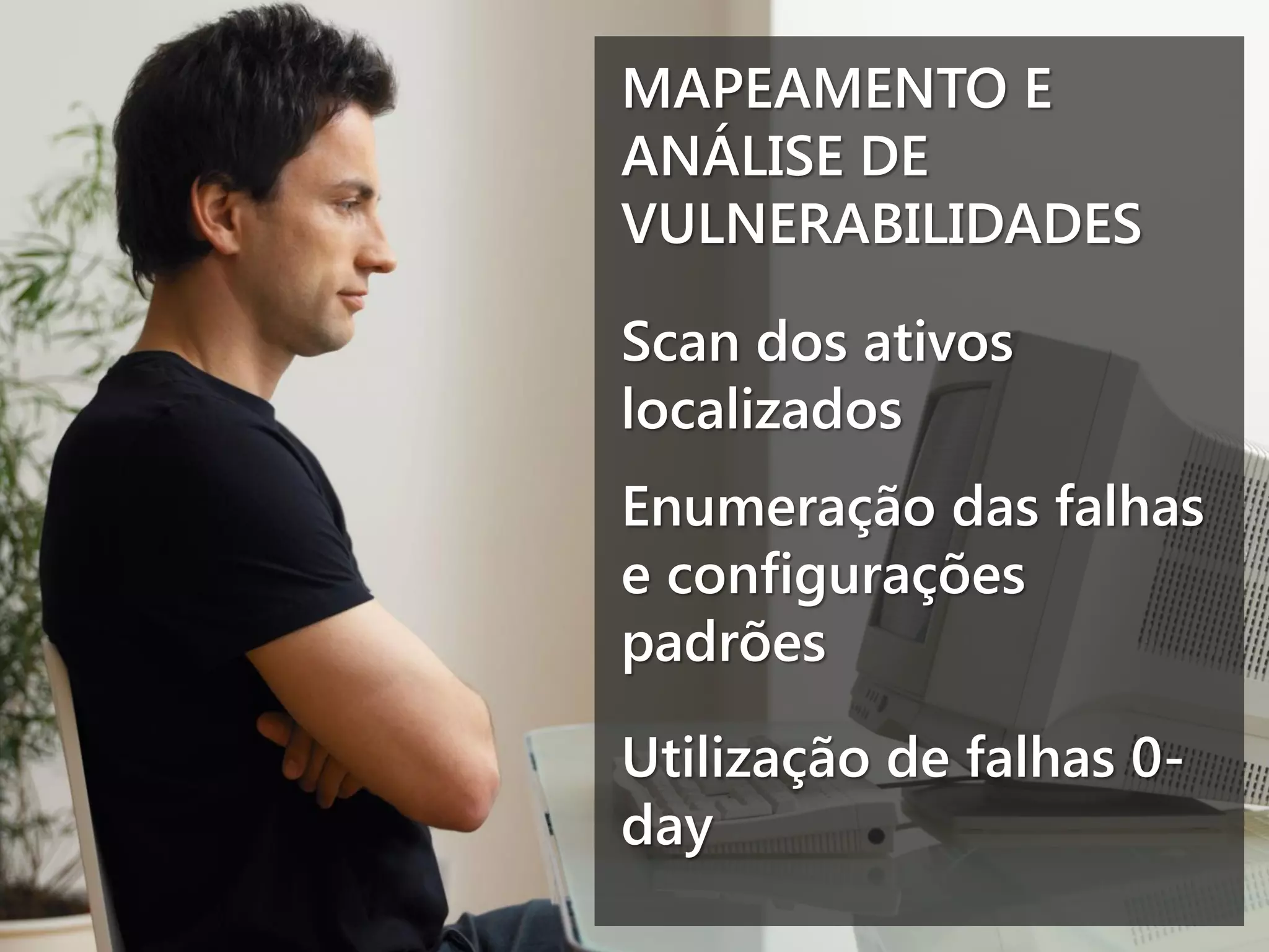 MAPEAMENTO E
ANÁLISE DE
VULNERABILIDADES
Scan dos ativos
localizados
Enumeração das falhas
e configurações
padrões
Utilização de falhas 0day

 