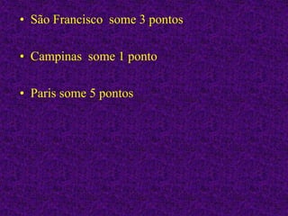 • São Francisco some 3 pontos
• Campinas some 1 ponto
• Paris some 5 pontos
 