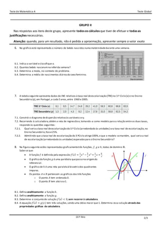 Teste de Matemática A Teste Global
10.º Ano
GRUPO II
Nas respostas aos itens deste grupo, apresente todos os cálculos que tiver de efetuar e todas as
justificações necessárias.
Atenção: quando, para um resultado, não é pedida a aproximação, apresente sempre o valor exato
6. No gráfico está representado o número de bebés nascidos numa maternidadedurante uma semana.
6.1. Indica a variável eclassifique-a.
6.2. Quantos bebés nasceramna referida semana?
6.3. Determina a moda, no contexto do problema.
6.4. Determina a média de nascimentos diáriosdo sexo feminino.
7. A tabela seguinte apresenta dados do INE relativos à taxa real deescolarização (TRE) no 3.º Ciclo (x) e no Ensino
Secundário (y), em Portugal,a cada 5 anos,entre 1960 e 2005.
7.1. Constrói o diagrama dedispersão relativo às variáveisx ey.
7.2. Recorrendo à calculadora,obtém a reta de regressão e, tomando-a como modelo para a relação entre as duas taxas,
responde às questões seguintes:
7.2.1. Qual seria a taxa real deescolarização do 3.º Ciclo (arredondado às unidades) sea taxa real de escolarização,no
Ensino Secundário,fosse25%.
7.2.2. Admitindo que a taxa real de escolarização do 3.ºCiclo atinge100%, e que o modelo semantém, qual seria a real
de escolarização (arredondado às unidades) esperadaspara o Ensino Secundário?
8. Na figura seguinte estão representadas graficamentetrês funções, 𝑓, 𝑔 e ℎ, todas de domínio ℝ.
Sabe-se que:
 A função 𝑓 é definida pela expressão 𝑓( 𝑥) =
1
3
𝑥3
−
5
3
𝑥2
+
2
3
𝑥 +
8
3
.
 O gráfico da função 𝑔 é uma parábola quepassa na origemdo
referencial.
 O gráfico de ℎ é uma reta paralelaà bissetrizdos quadrantes
impares.
 Os pontos 𝐴 e 𝐵 pertencem as gráficos das três funções
o O ponto 𝐴 tem ordenada 0.
o O ponto 𝐵 tem abcissa1.
8.1. Defina analiticamente a função ℎ.
8.2. Defina analiticamente a função 𝑔.
8.3. Determine o conjunto de solução 𝑓( 𝑥) < 0,sem recorrer à calculadora.
8.4. A equação 𝑓( 𝑥) = 𝑔(𝑥) tem três soluções,sendo uma delas maior que 1. Determina essa solução atravésdas
propriedades gráficas da calculadora.
2/3
 