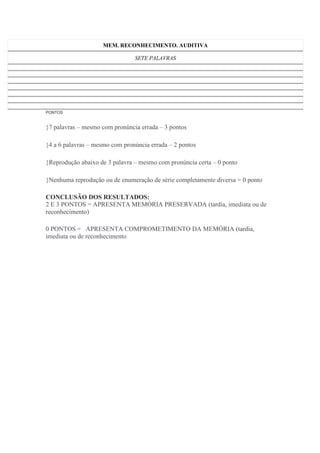 MEM. RECONHECIMENTO. AUDITIVA
SETE PALAVRAS
PONTOS
7 palavras – mesmo com pronúncia errada – 3 pontos
4 a 6 palavras – mesmo com pronúncia errada – 2 pontos
Reprodução abaixo de 3 palavra – mesmo com pronúncia certa – 0 ponto
Nenhuma reprodução ou de enumeração de série completamente diversa = 0 ponto
CONCLUSÃO DOS RESULTADOS:
2 E 3 PONTOS = APRESENTA MEMÓRIA PRESERVADA (tardia, imediata ou de
reconhecimento)
0 PONTOS = APRESENTA COMPROMETIMENTO DA MEMÓRIA (tardia,
imediata ou de reconhecimento
 