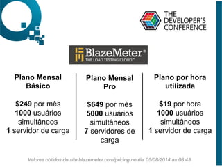Preciﬁcação	
  
Plano Mensal
Básico
$249 por mês
1000 usuários
simultâneos
1 servidor de carga
Plano por hora
utilizada
$19 por hora
1000 usuários
simultâneos
1 servidor de carga
Plano Mensal
Pro
$649 por mês
5000 usuários
simultâneos
7 servidores de
carga
Valores obtidos do site blazemeter.com/pricing no dia 05/08/2014 as 08:43
 
