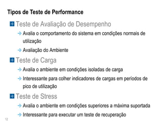 Tipos de Teste de Performance
     Teste de Avaliação de Desempenho
       Avalia o comportamento do sistema em condições normais de
       utilização
       Avaliação do Ambiente
     Teste de Carga
       Avalia o ambiente em condições isoladas de carga
       Interessante para colher indicadores de cargas em períodos de
       pico de utilização
     Teste de Stress
       Avalia o ambiente em condições superiores a máxima suportada
       Interessante para executar um teste de recuperação
12
 