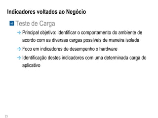 Indicadores voltados ao Negócio
     Teste de Carga
       Principal objetivo: Identificar o comportamento do ambiente de
       acordo com as diversas cargas possíveis de maneira isolada
       Foco em indicadores de desempenho x hardware
       Identificação destes indicadores com uma determinada carga do
       aplicativo




23
 