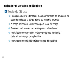 Indicadores voltados ao Negócio
     Teste de Stress
       Principal objetivo: Identificar o comportamento do ambiente de
       quando aplicada a carga acima da máxima x tempo
       A carga aplicada é identificada pelo teste de carga
       Foco em indicadores de desempenho x hardware
       Identificação destes com relação ao tempo com uma
       determinada carga do aplicativo
       Identificação de falhas e recuperação do sistema




26
 