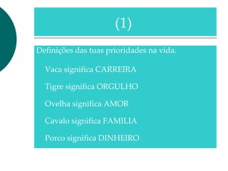 Definições das tuas prioridades na vida.
Vaca significa CARREIRA
Tigre significa ORGULHO
Ovelha significa AMOR
Cavalo significa FAMILIA
Porco significa DINHEIRO
(1)
 