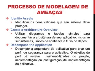 PROCESSO DE MODELAGEM DE
AMEAÇAS
 Identify Assets
 Identificar os bens valiosos que seu sistema deve
proteger.
 Create a Architecture Overview
 Utilizar diagramas e tabelas simples para
documentar a arquitetura de seu aplicativo, inclusive
subsistemas, limites de confiança e fluxo de dados
 Decompose the Application
 Decompor a arquitetura do aplicativo para criar um
perfil de segurança para o aplicativo. O objetivo do
perfil é revelar vulnerabilidades do projeto,
implementação ou configuração de implementação
do aplicativo.
 