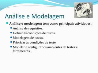 Análise e Modelagem
Análise e modelagem tem como principais atividades:
Análise de requisitos.
Definir as condições de testes.
Modelagem de testes.
Priorizar as condições de teste.
Modelar e configurar os ambientes de testes e
ferramentas.
 