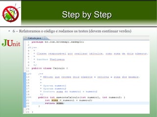 Step by StepStep by Step
 6 – Refatoramos o código e rodamos os testes (devem continuar verdes)
 