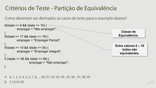 Critérios de Teste - Partição de Equivalência
Classe de
Equivalência.
Entre valores 0 – 16
todos são
equivalentes.
Como deveriam ser derivados os casos de teste para o exemplo abaixo?
A. 0, 1, 2, 3, 4, 5, 6, 7, 8, ..., 90, 91, 92, 93, 94 , 95, 96 , 97, 98, 99
B. 5,18,45,58
if(idade >= 0 && idade <= 16) {
empregar = "Não empregar";
}
if(idade >= 17 && idade <= 18) {
empregar = "Empregar Parcial";
}
if(idade >= 19 && idade <= 55) {
empregar = "Empregar Integral";
}
if (idade >= 56 && idade <= 99) {
empregar = "Não empregar";
}
 