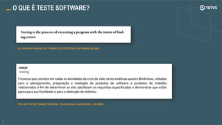 O QUE É TESTE SOFTWARE?
GLOSSÁRIO PADRÃO DE TERMOS DE TESTE DE SOFTWARE (ISTQB)
THE ART OF SOFTWARE TESTING - Third Edition (GLENFORD J. MYERS)
 