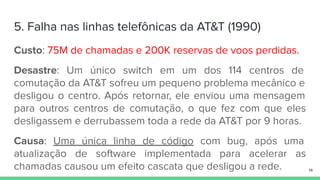 5. Falha nas linhas telefônicas da AT&T (1990)
Custo: 75M de chamadas e 200K reservas de voos perdidas.
Desastre: Um único switch em um dos 114 centros de
comutação da AT&T sofreu um pequeno problema mecânico e
desligou o centro. Após retornar, ele enviou uma mensagem
para outros centros de comutação, o que fez com que eles
desligassem e derrubassem toda a rede da AT&T por 9 horas.
Causa: Uma única linha de código com bug, após uma
atualização de software implementada para acelerar as
chamadas causou um efeito cascata que desligou a rede. 14
 