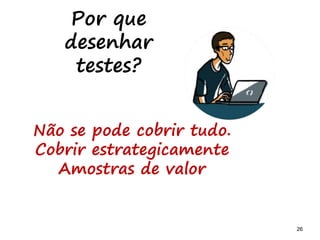 26 26
Não se pode cobrir tudo.
Cobrir estrategicamente
Amostras de valor
Por que
desenhar
testes?
 