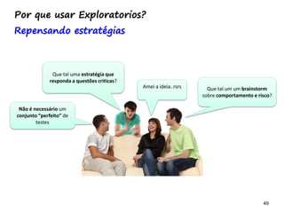 49 49
Por que usar Exploratorios?
Repensando estratégias
Não é necessário um
conjunto “perfeito” de
testes
Que tal uma estratégia que
responda a questões criticas?
Amei a ideia..rsrs Que tal um um brainstorm
sobre comportamento e risco?
 