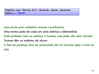 66 66
Explore com Técnica 3QC (Quando, Quem, Quantos,
Como ) + CRUD
Uma escola quer cadastrar turmas e professores.
Uma turma pode ter aulas em salas teóricas e laboratórios
Cada professor tem no máximo 3 turmas, mas pode não estar alocado.
Turmas têm no máximo 30 alunos
A lista de presença deve ser preenchida até 10 minutos após o início da
aula
 