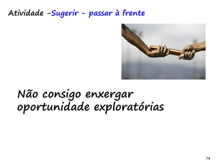 74 74
Atividade -Sugerir - passar à frente
Não consigo enxergar
oportunidade exploratórias
 