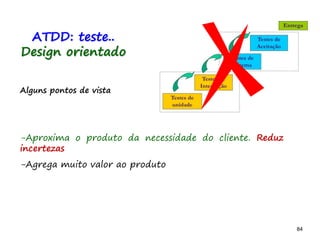 84 84
Alguns pontos de vista
-Aproxima o produto da necessidade do cliente. Reduz
incertezas
-Agrega muito valor ao produto
ATDD: teste..
Design orientado
 